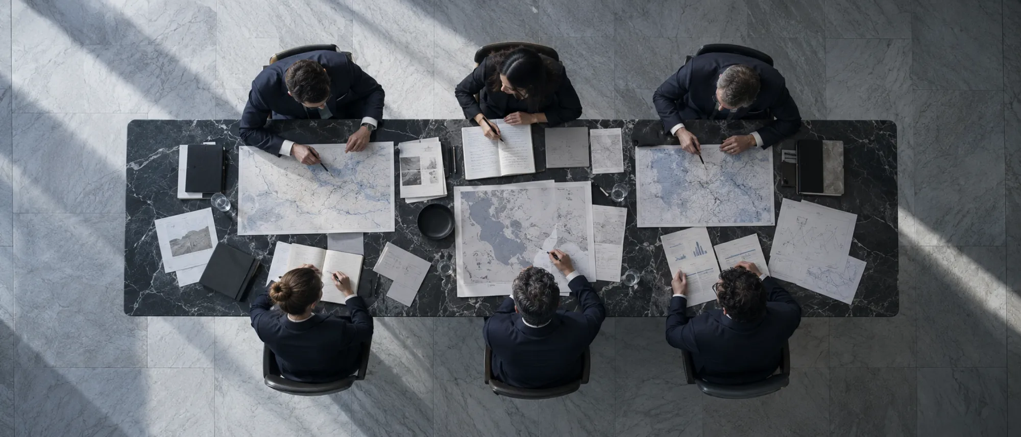 Seen from above, six people in dark suits work over maps and charts on a long marble table