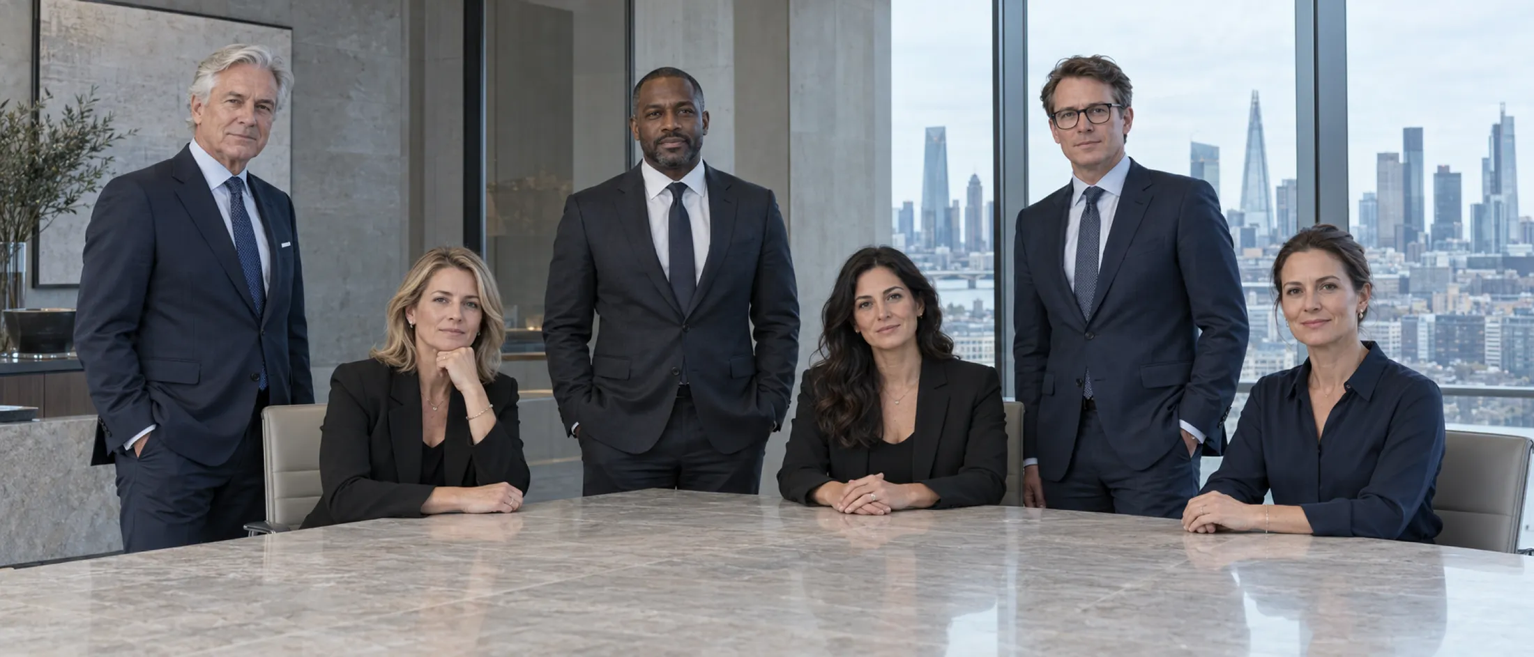 The six partners of Halden & Partners together in a stone-and-glass boardroom, three seated at the table and three standing