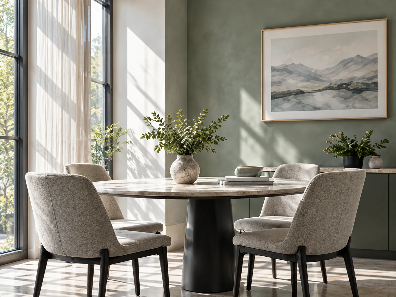 An empty consultation room with a round table, grey chairs and a framed landscape on a sage wall
