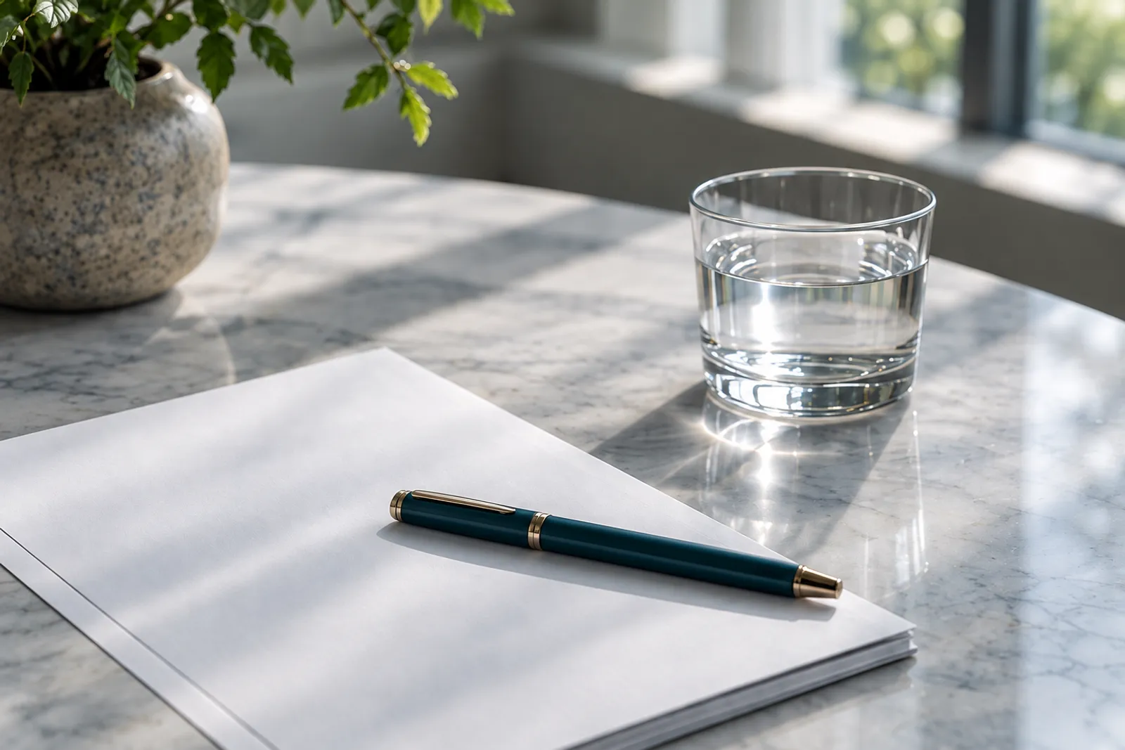 A blank folded plan, a capped pen and a glass of water on a marble table in soft daylight
