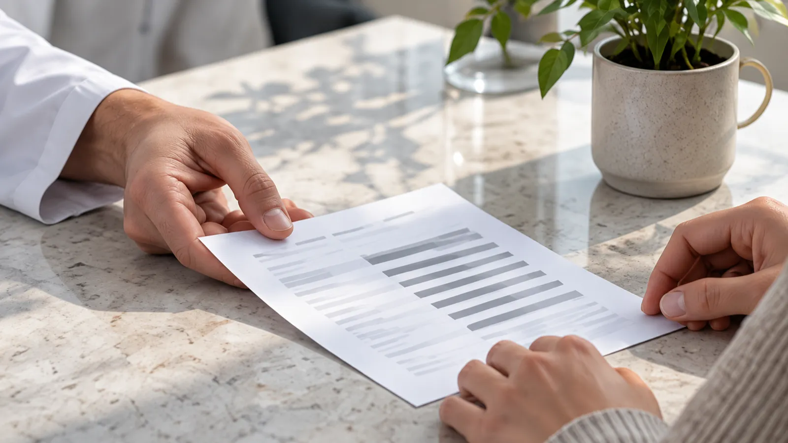 Two hands slide a printed estimate across a marble table beside a small plant