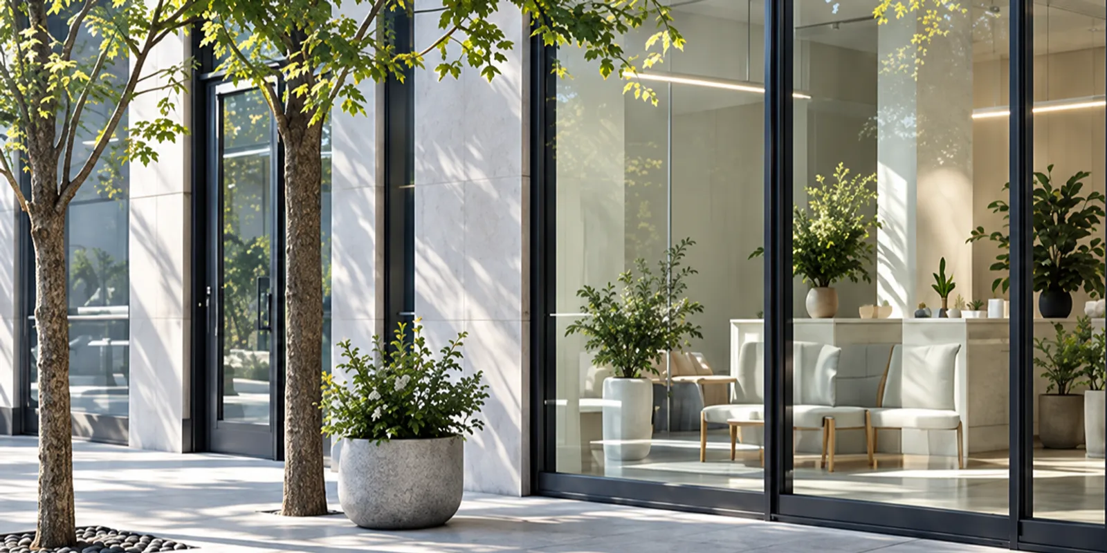 The clinic's street entrance: a pale stone facade, tall black-framed glass doors and small trees in planters
