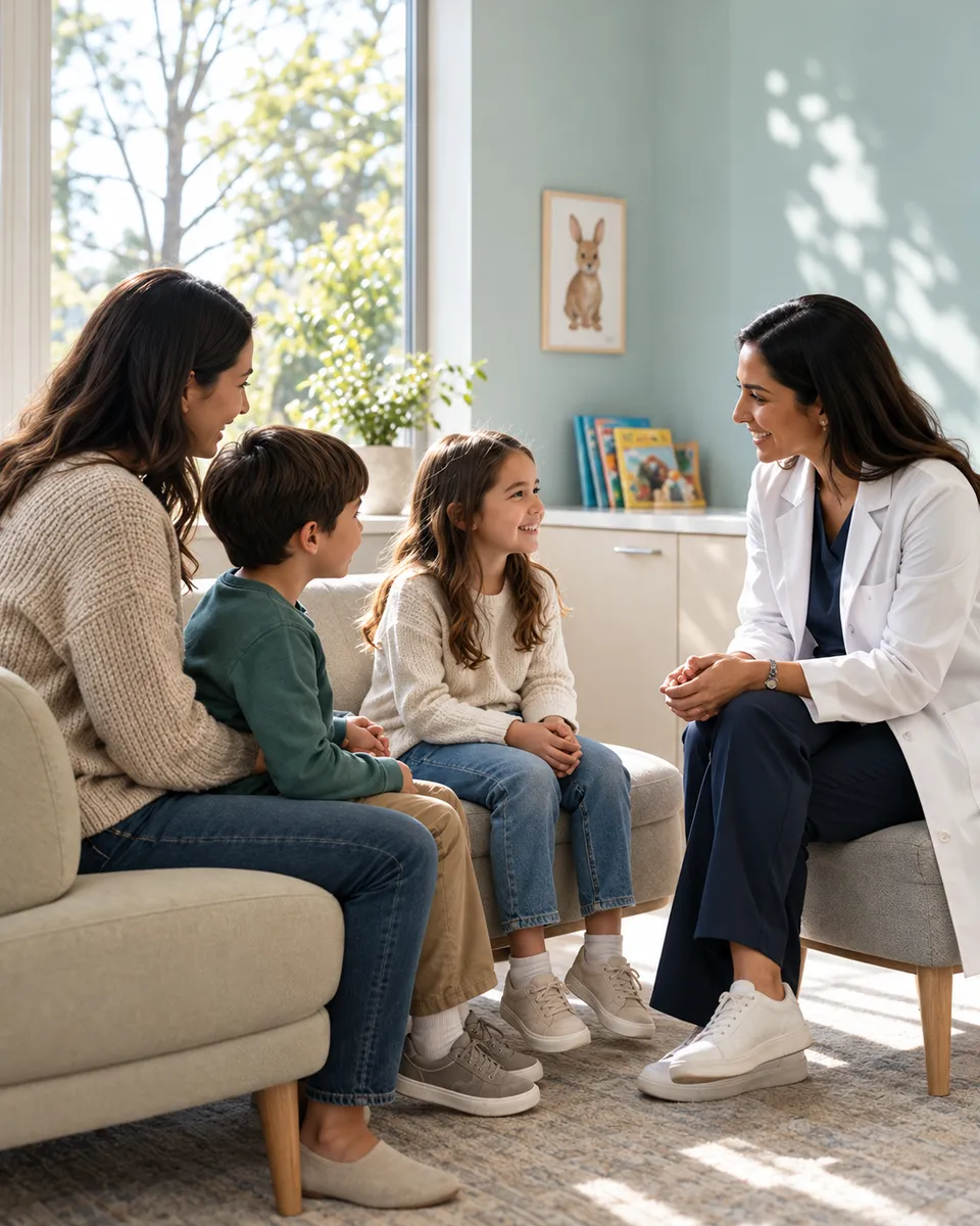 A parent and two children on a sofa talking with a smiling dentist in a bright consultation room