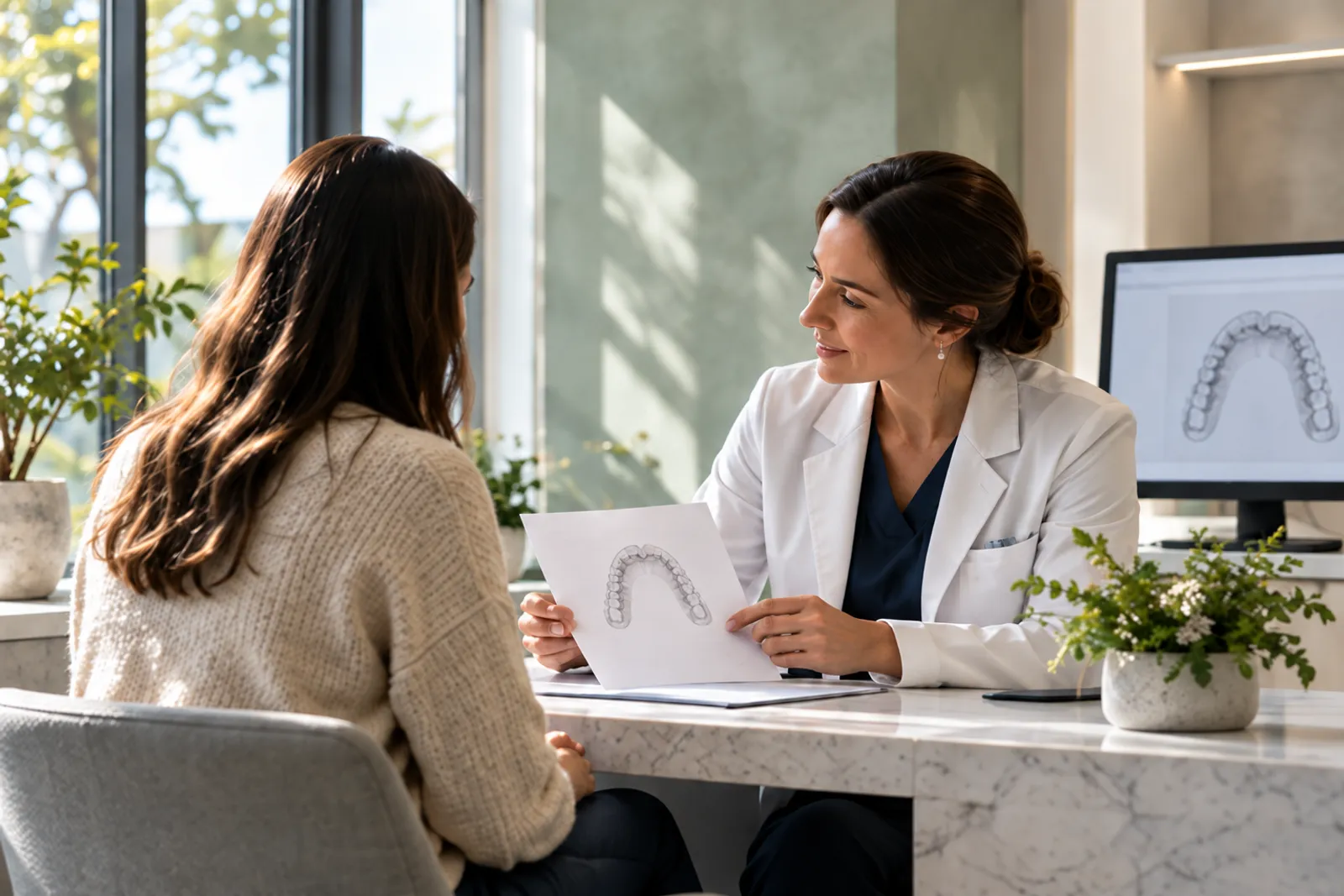 A dentist in a white coat and a patient talk over a paper plan at a marble desk in a bright room