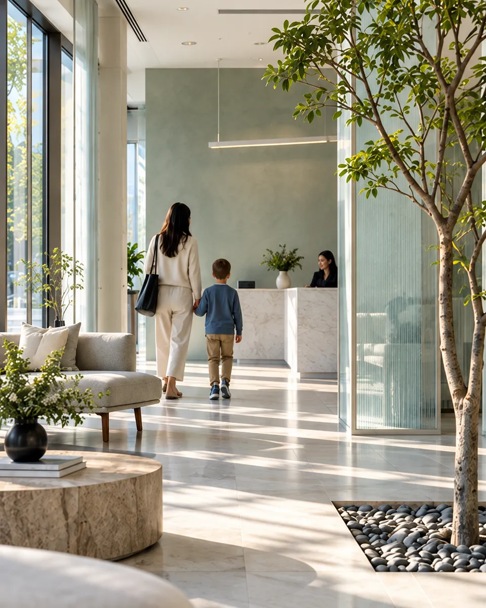 The clinic lounge in morning light: a parent and child walk towards the reception past a young tree in a bed of grey pebbles