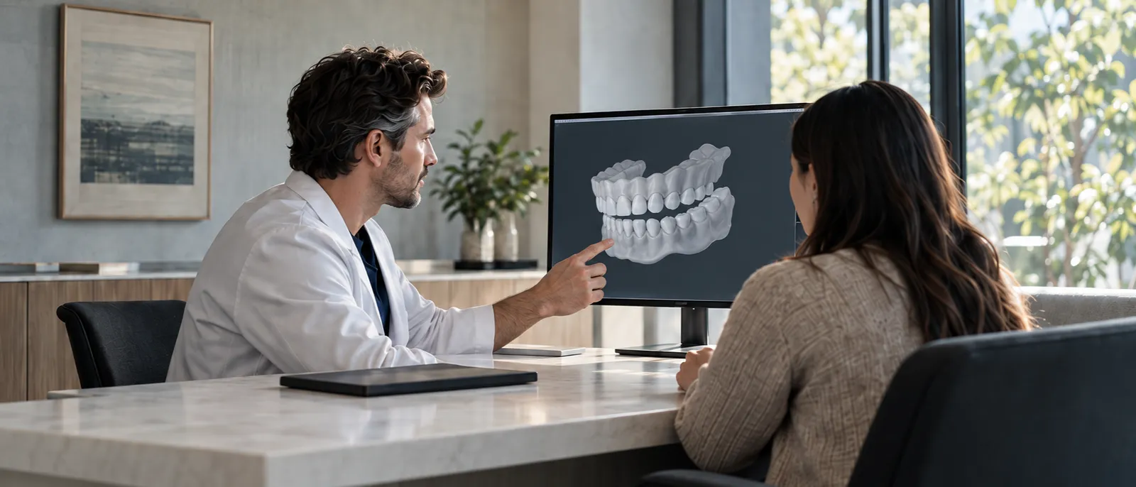 A dentist points to a grey 3D model of a dental arch on a monitor while a patient listens