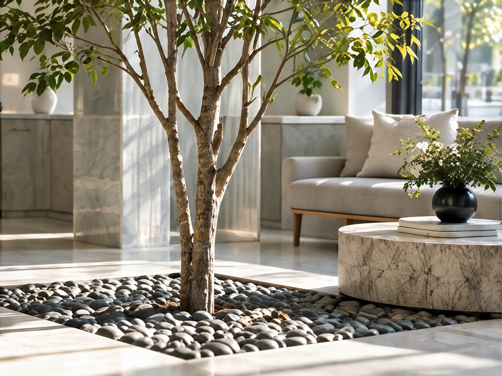 The young tree in its pebble bed, a stone table and pale sofas behind it in the lounge