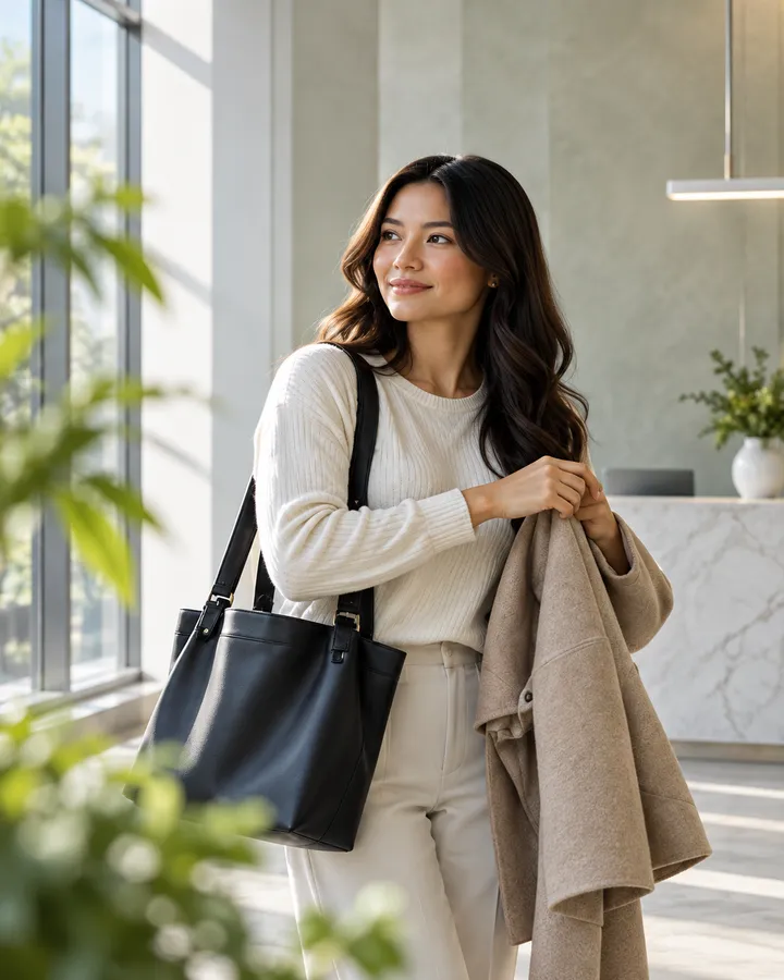 A woman with long dark hair puts on her coat in the bright clinic reception