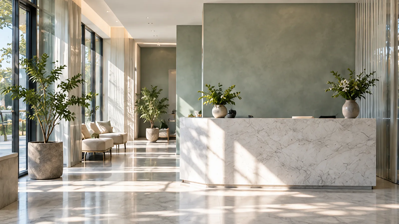 The empty sage-green reception in morning light, a marble counter and plants beside a long window