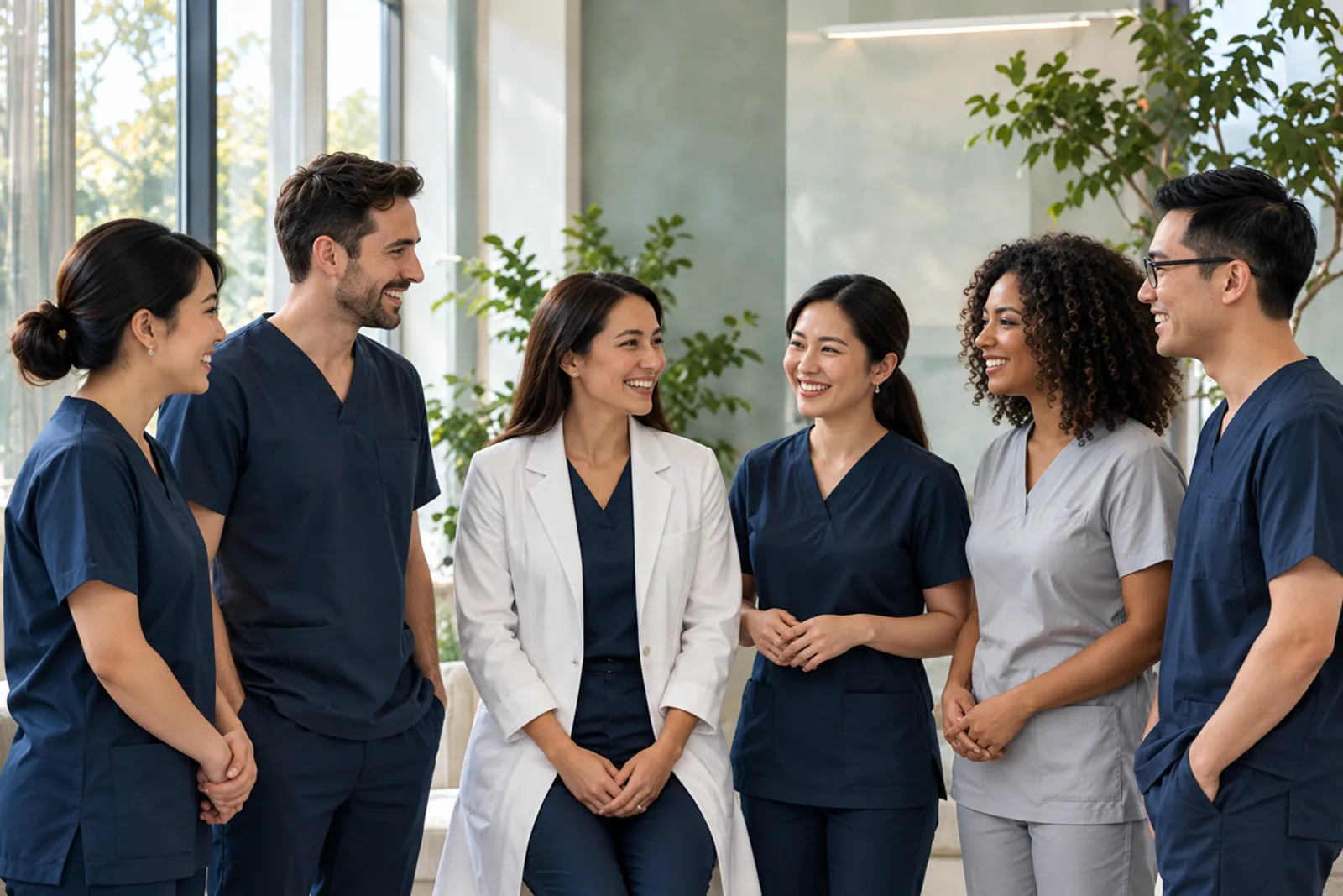 Four dentists and two hygienists talking together in the bright clinic lounge