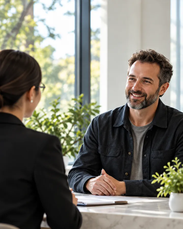 A bearded man in a dark jacket smiles across the front desk at the clinic