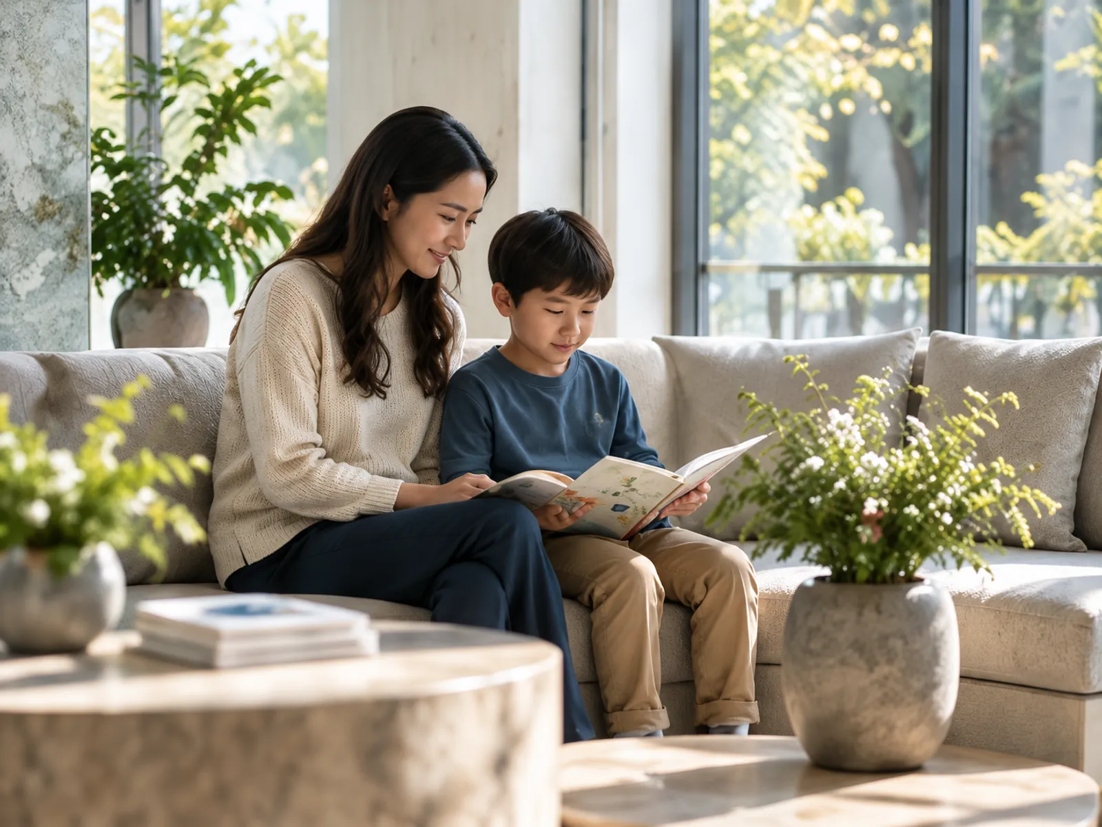 A parent and a child read a book together on a pale sofa in the quiet waiting room
