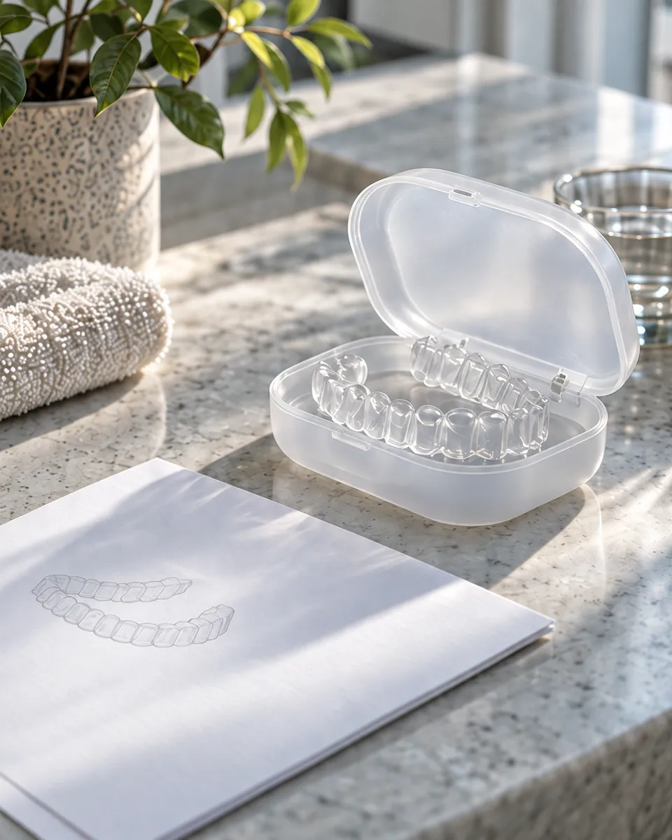 Clear custom whitening trays in an open frosted case on a pale stone counter beside a folded sheet