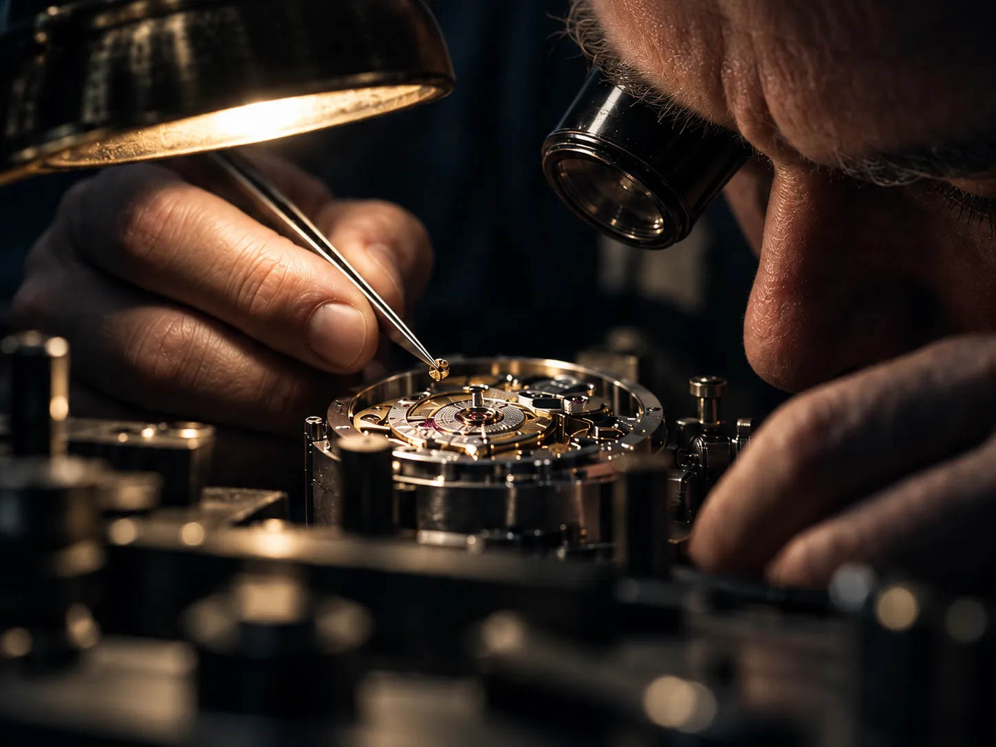 A watchmaker with a loupe in his eye working on an open movement with tweezers under a bench lamp