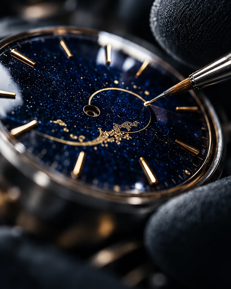 A fine brush painting a gold motif on a deep blue enamel dial