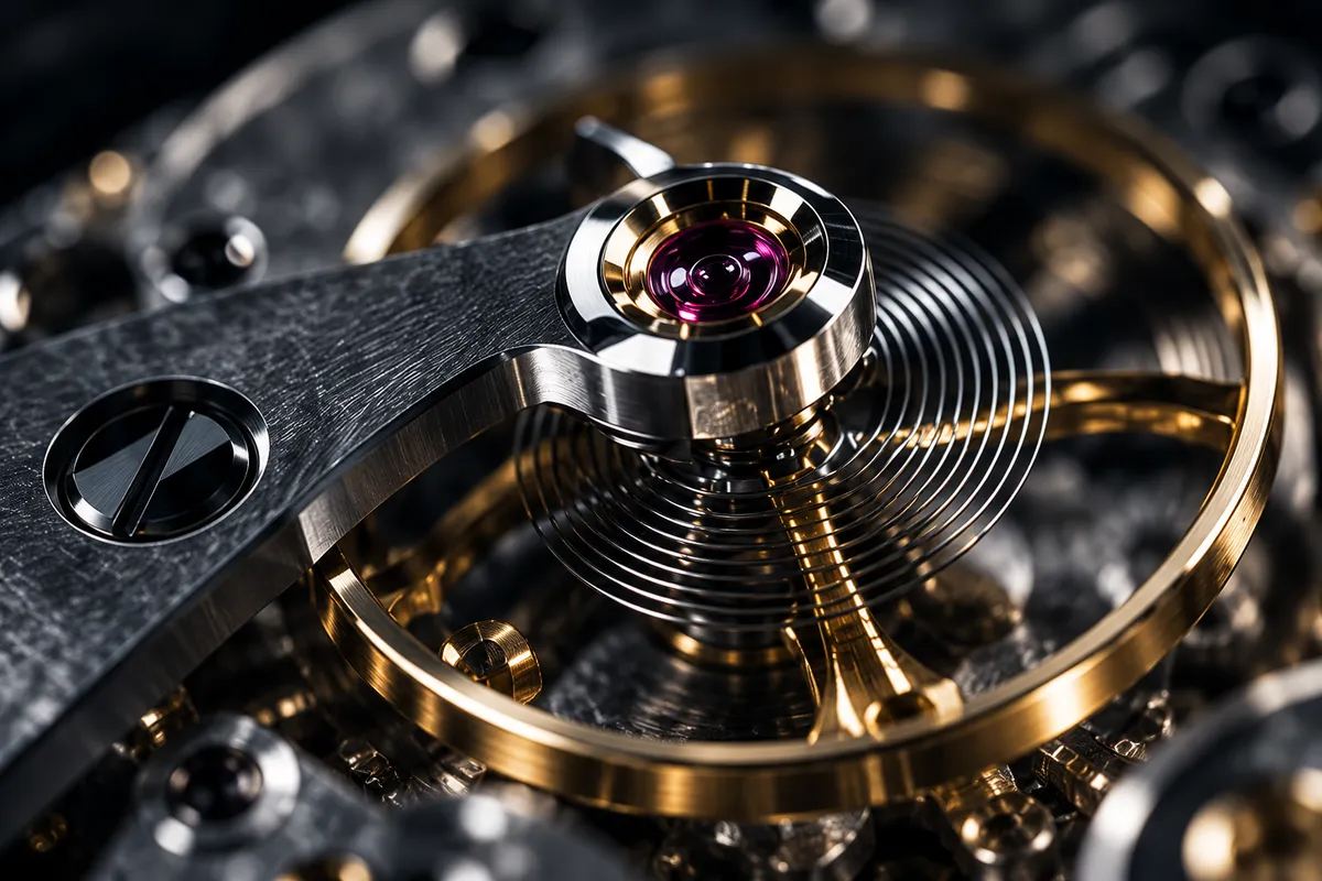 The balance wheel and its hairspring under a steel balance cock with a red jewel