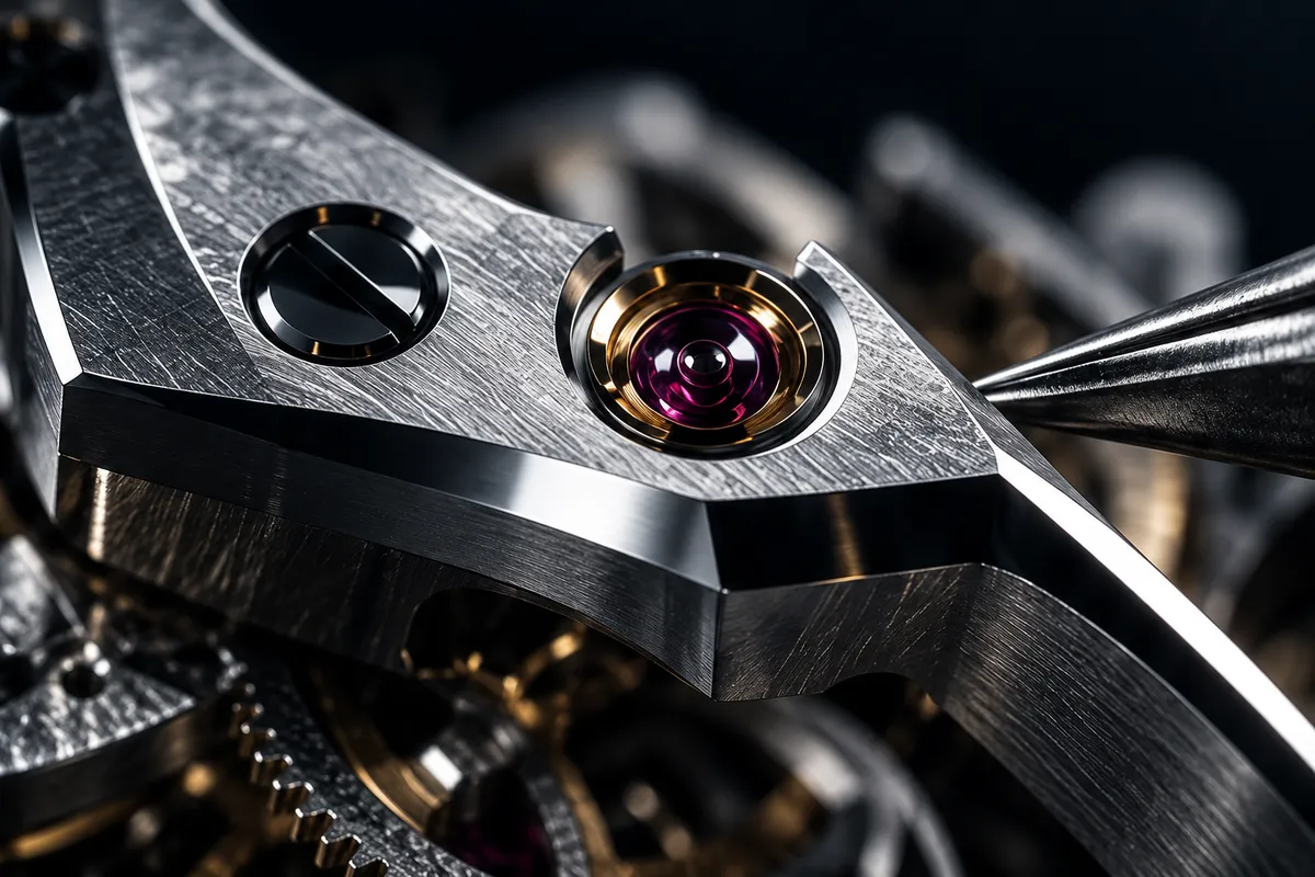 The polished, bevelled edge of a steel bridge beside a jewel, a polishing tool at its end