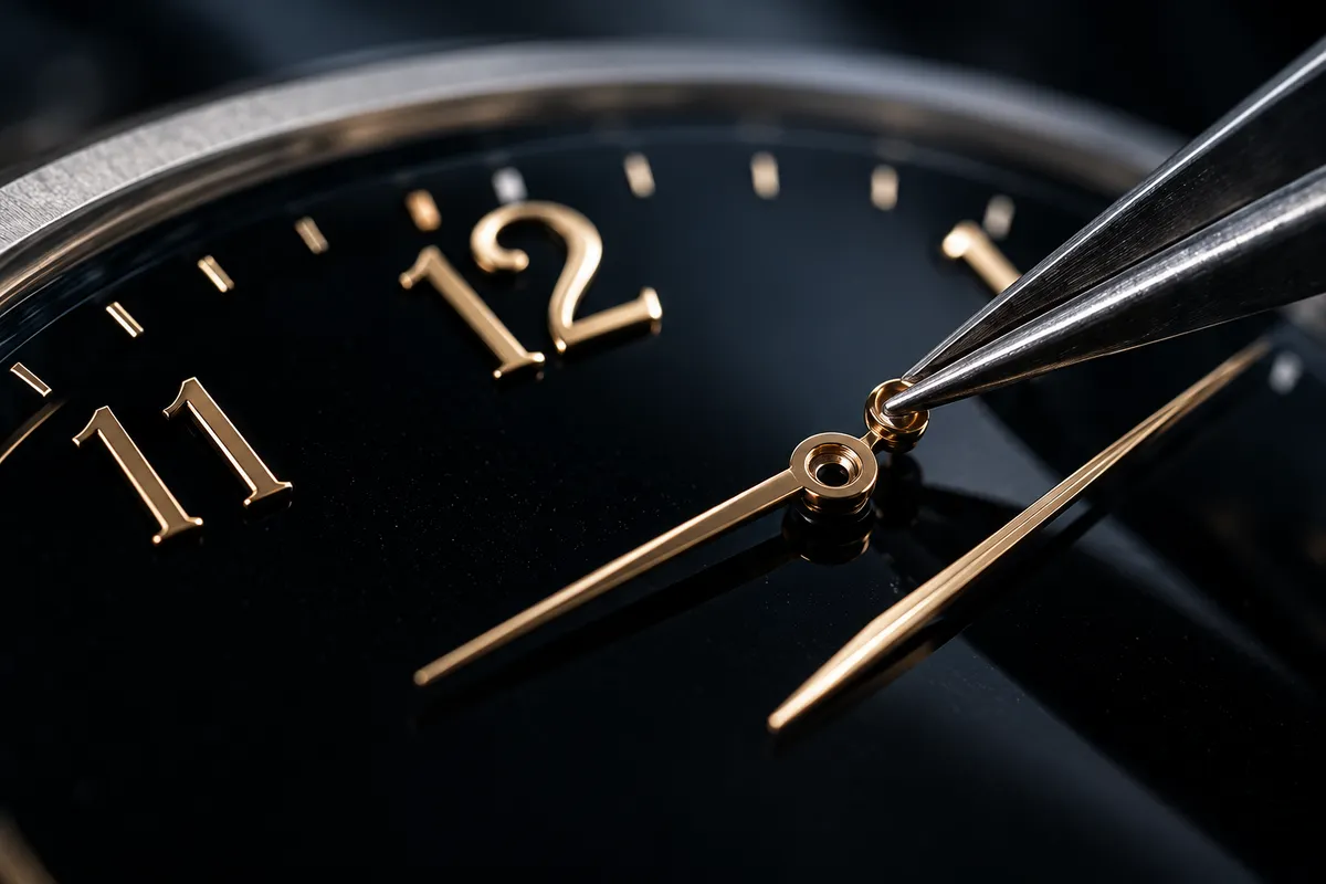 A hand being set on a black dial with gold numerals, held in fine tweezers