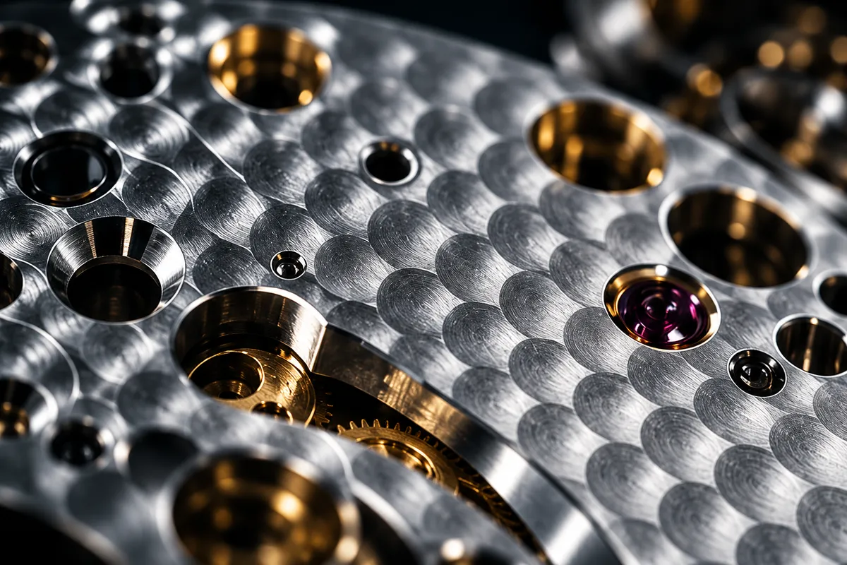 A movement plate grained in overlapping circles, with jewel holes catching the light