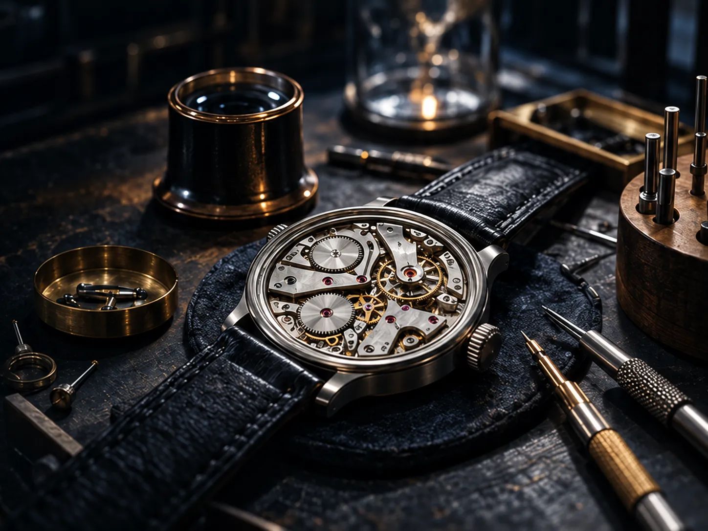 A vintage steel watch with its back open on a leather bench mat, a loupe and screwdrivers beside it