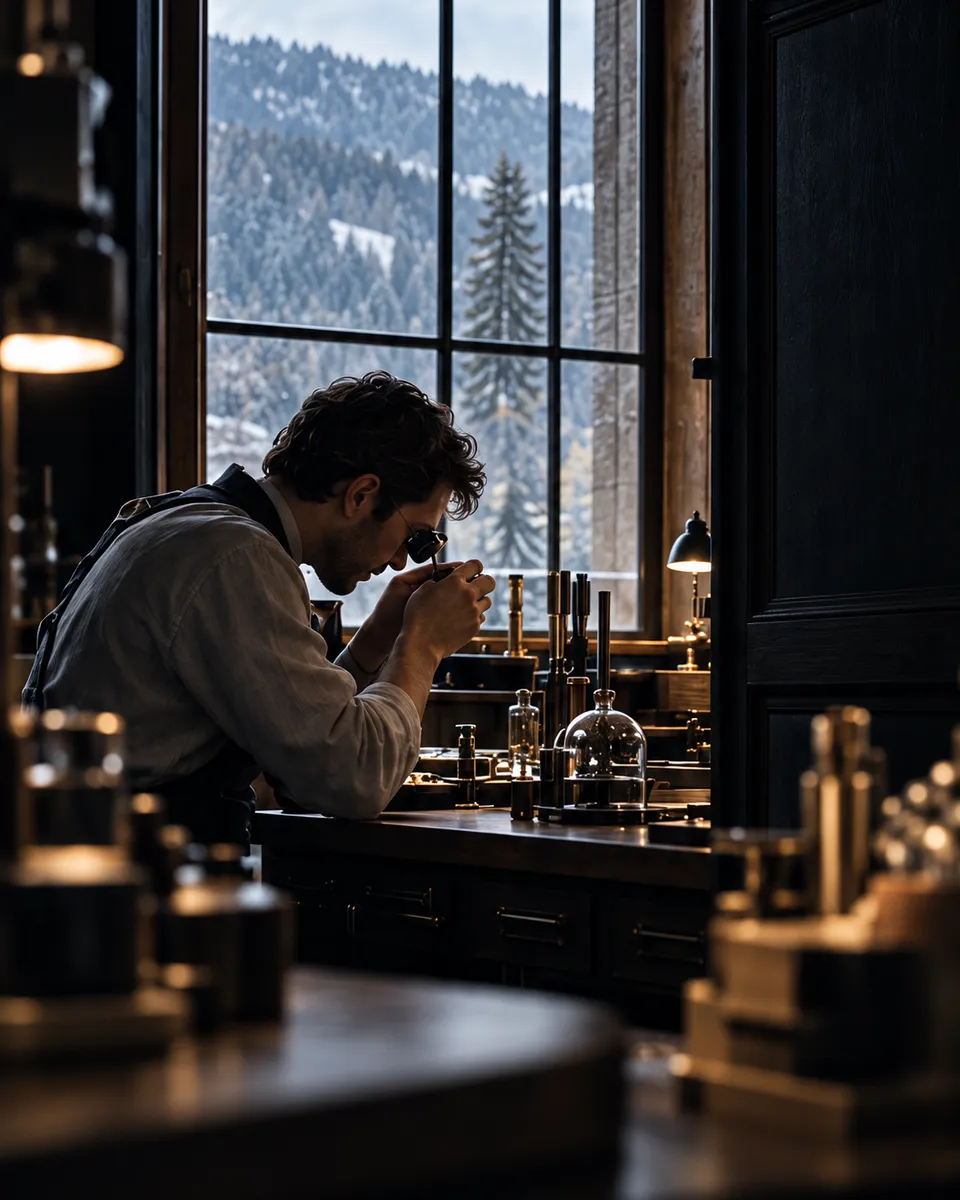 A watchmaker with a loupe working at a bench beside a tall window over snowy pine trees