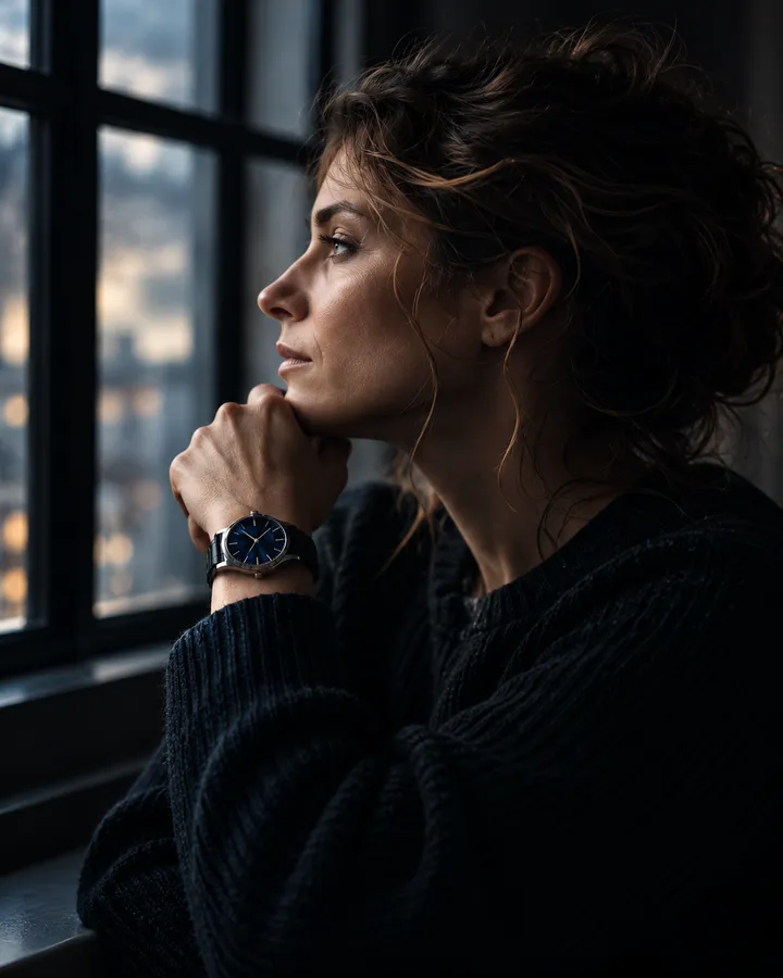 A woman by a window, chin on her hand, wearing a small steel watch with a blue dial