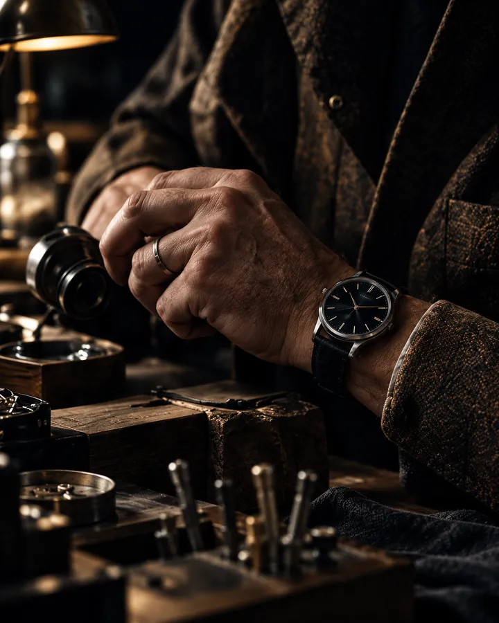 An older man in a tweed jacket at a wooden desk, a steel watch with a black dial on his wrist