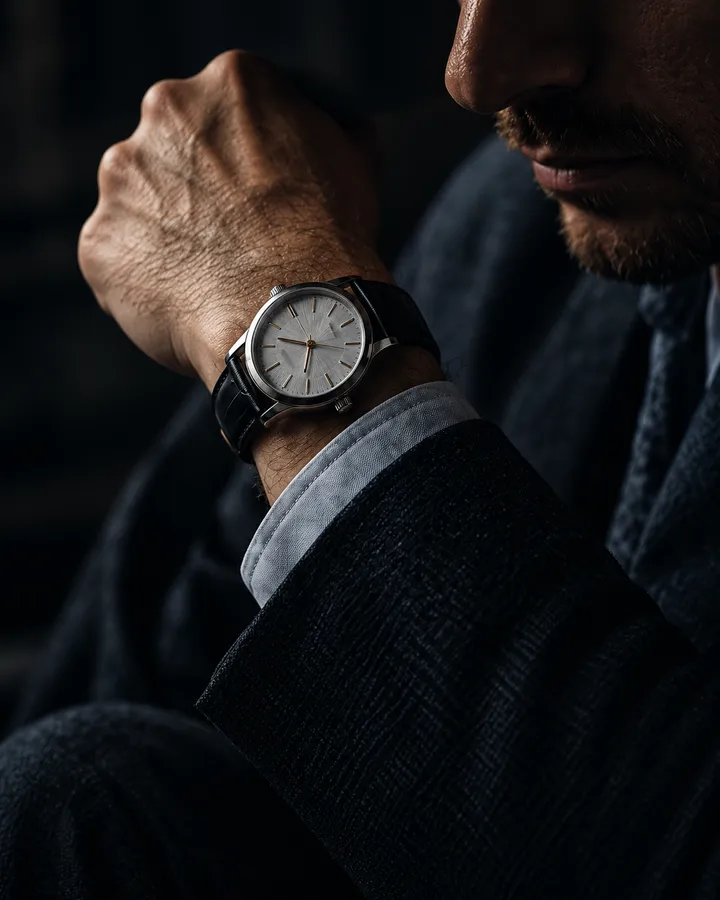 A man in a dark jacket fastening a steel watch with a silver dial on his wrist