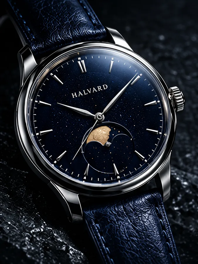 Halvard Lune: a steel watch with a deep blue dial and a moon phase, on a blue leather strap on dark slate