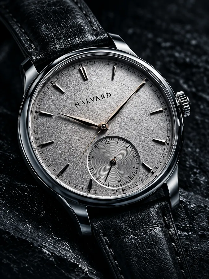 Halvard No. 1: a steel watch with a grained silver dial and small seconds, on a black leather strap on dark slate