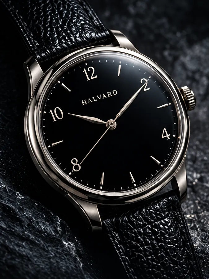 Halvard Nocturne: a steel watch with a black enamel dial and painted numerals, on a black strap on dark slate