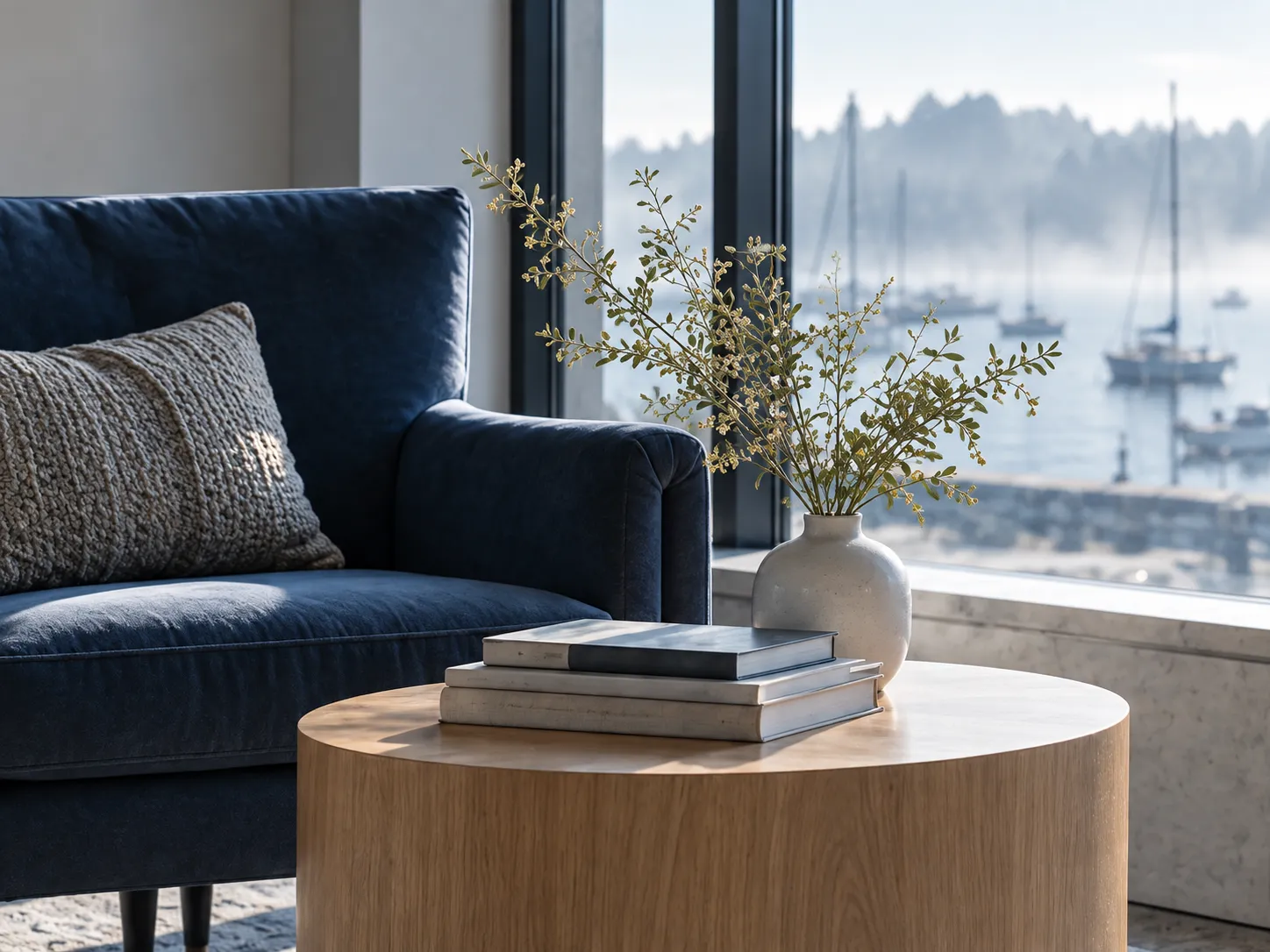 A corner of the waiting room: a navy armchair, an oak side table with books and olive branches, the misty harbour outside