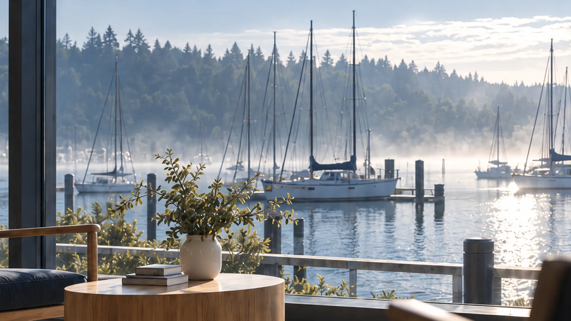 The harbour in morning fog through the clinic window, sailboats on still water beyond an armchair and an oak table