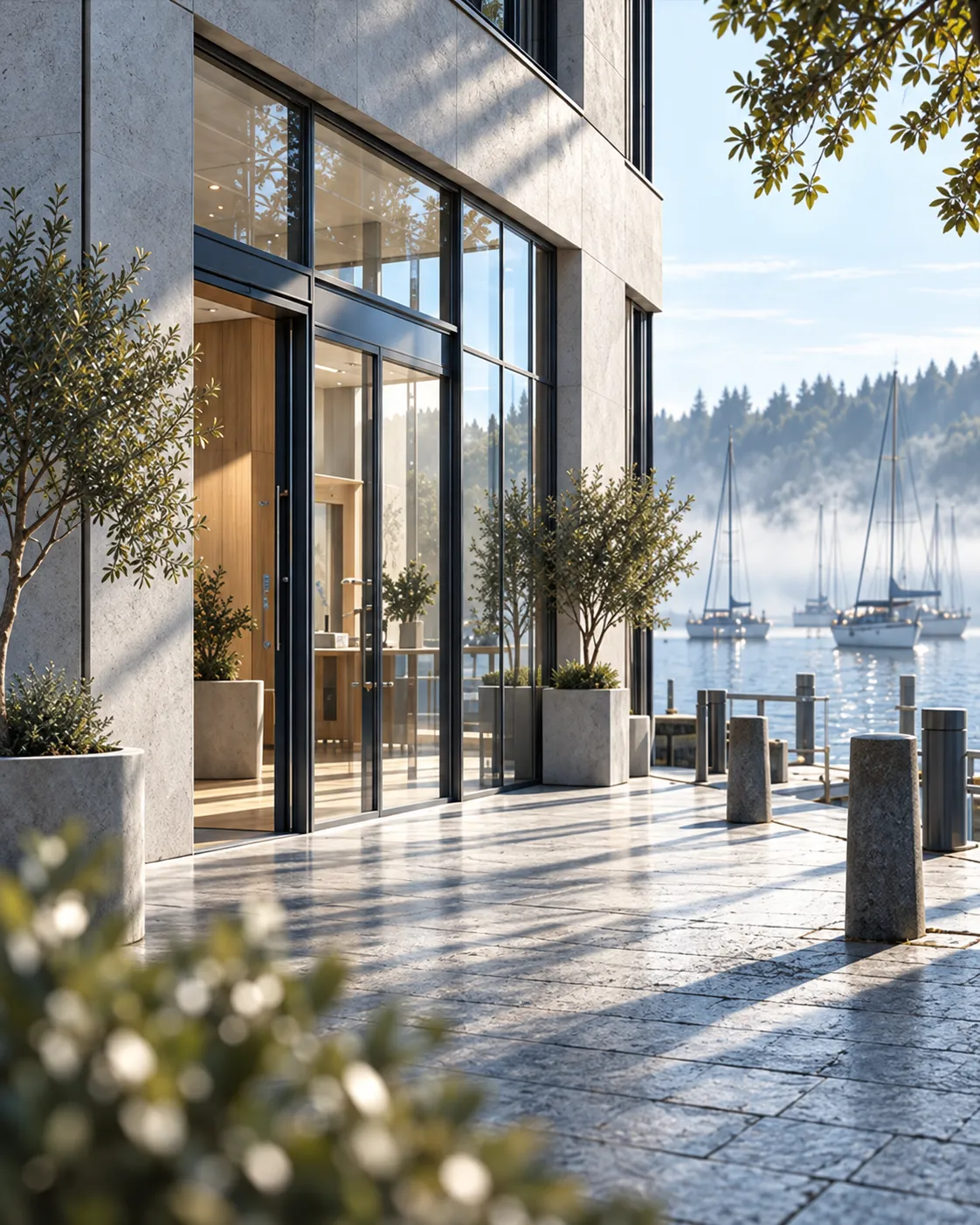 The clinic's glass entrance on a stone quayside, olive trees in planters, mooring bollards and sailboats in the fog