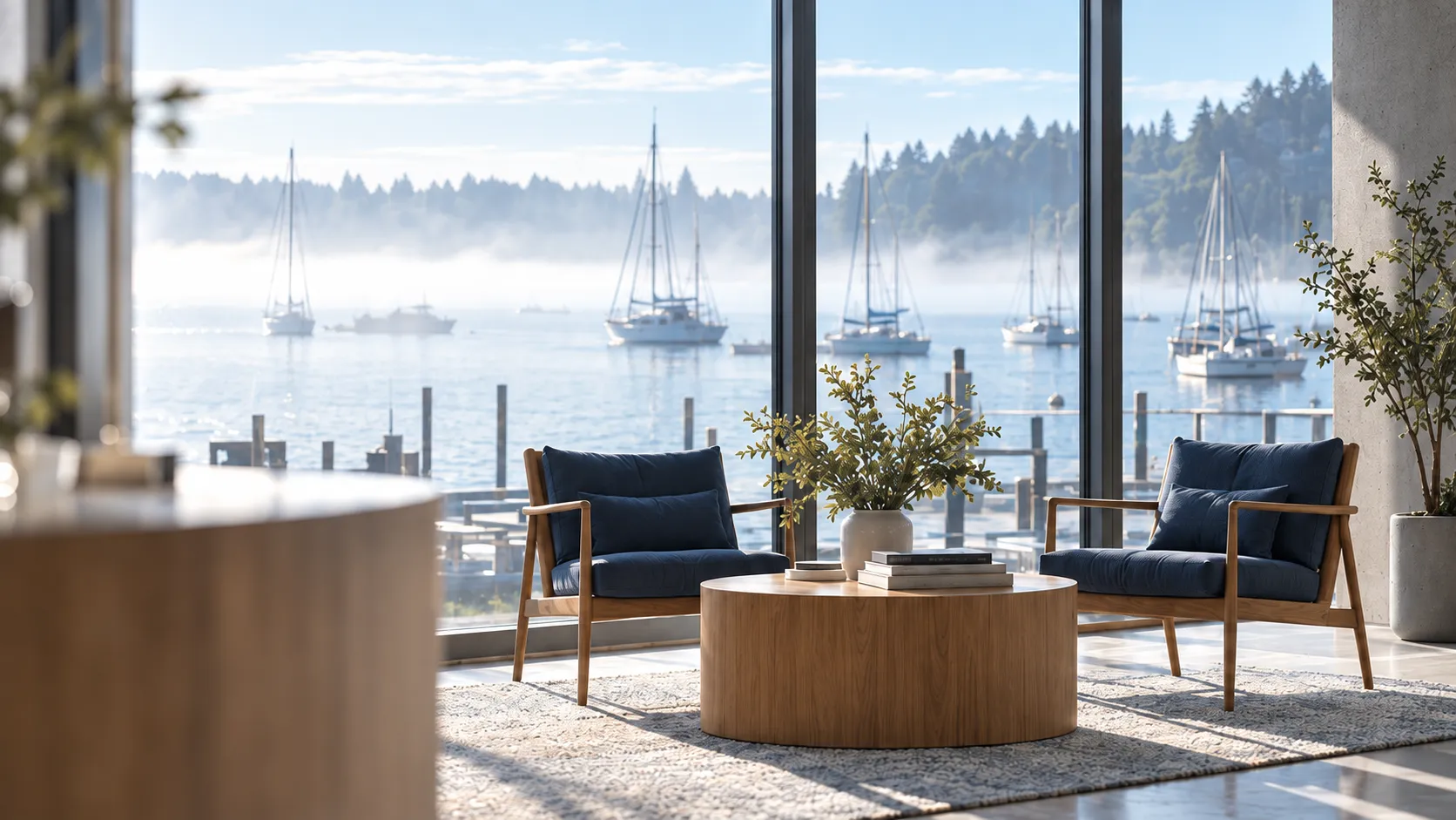 The clinic lounge before tall windows: two navy armchairs around an oak table, sailboats and pine hills in the morning fog