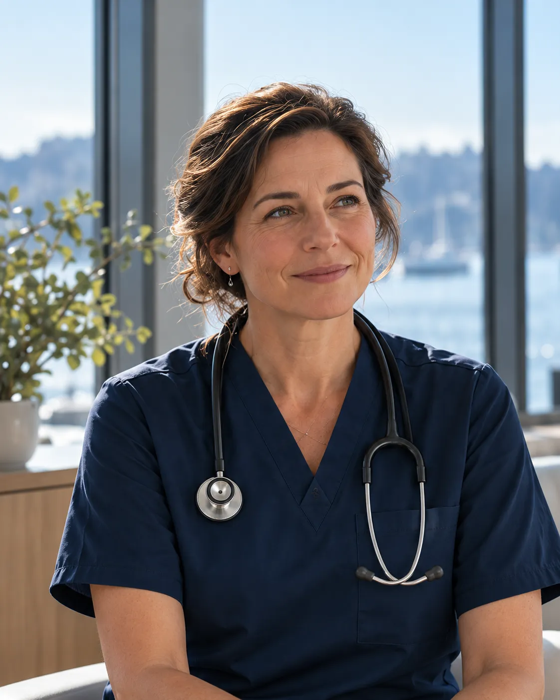 Dr. Helen Marsh in navy scrubs with a stethoscope, smiling softly by a window onto the harbour