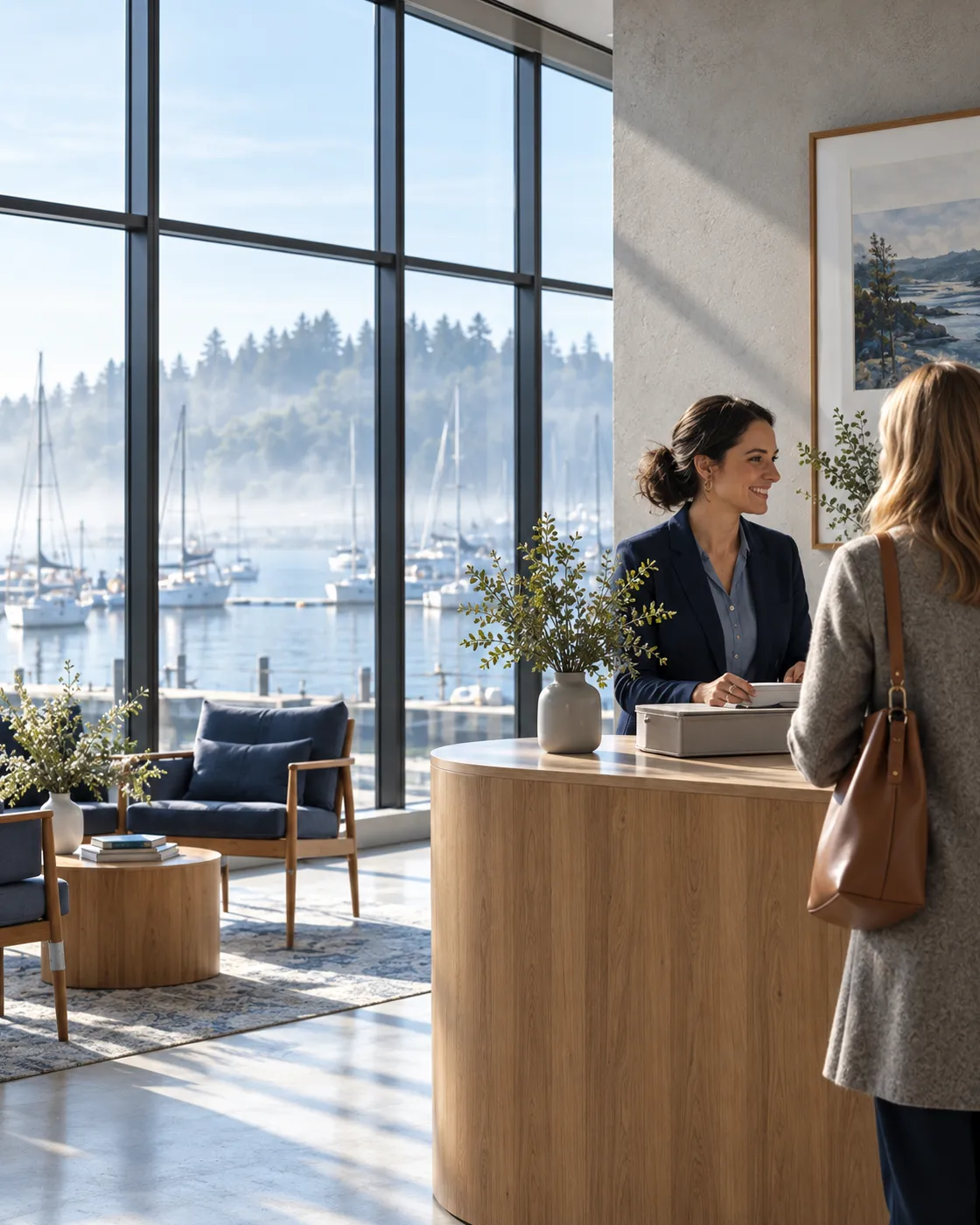 The clinic's reception: a receptionist in navy smiles across a round oak desk to a visitor, tall windows onto a foggy harbour behind