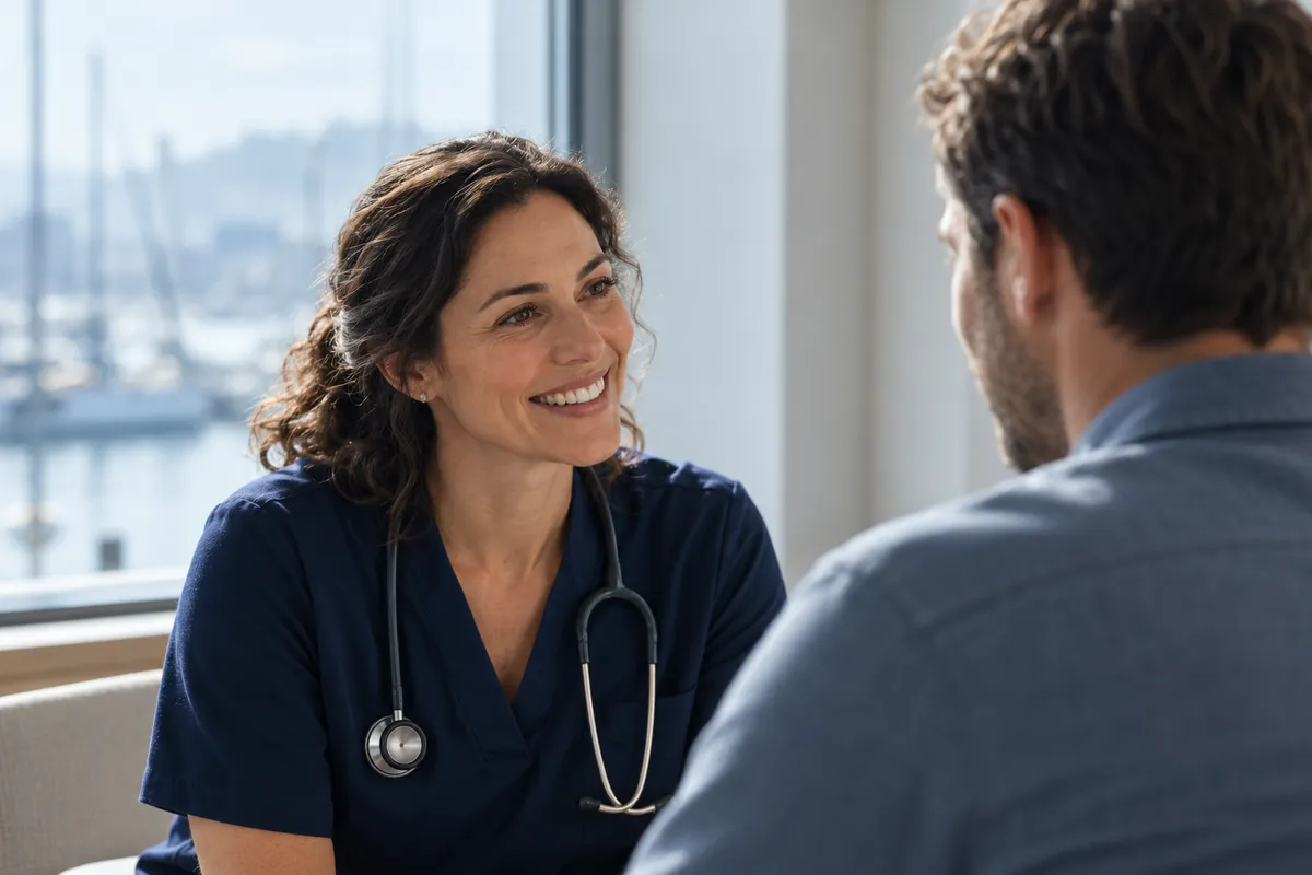 A smiling doctor in navy talking with a man seen over his shoulder, harbour windows behind them