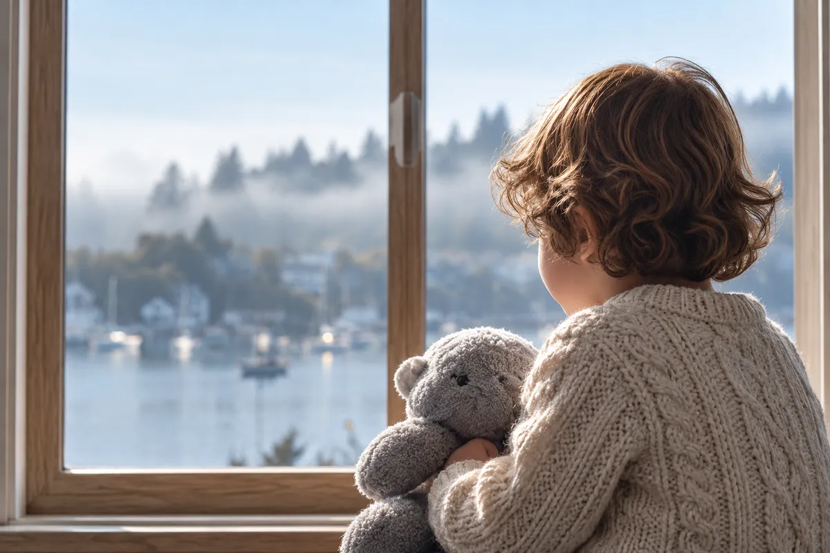 A small child in a cream jumper, seen from behind, holding a grey teddy bear and looking out at the misty harbour