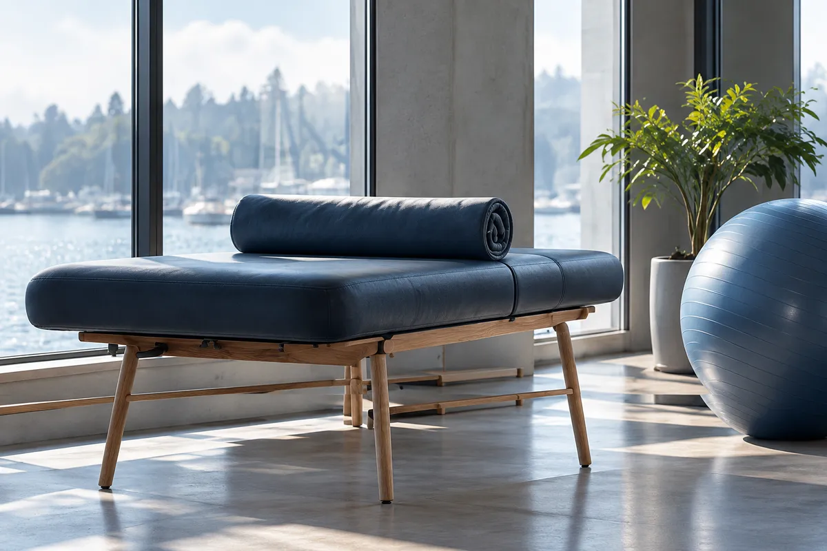 A bright physiotherapy room: a navy treatment bench with a rolled bolster, a blue exercise ball and a plant by the windows