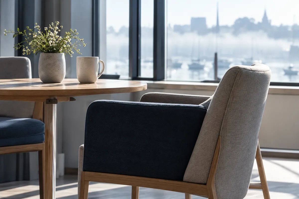 A quiet consultation corner: a round oak table with two cups and a plant, a navy and a grey armchair by the windows
