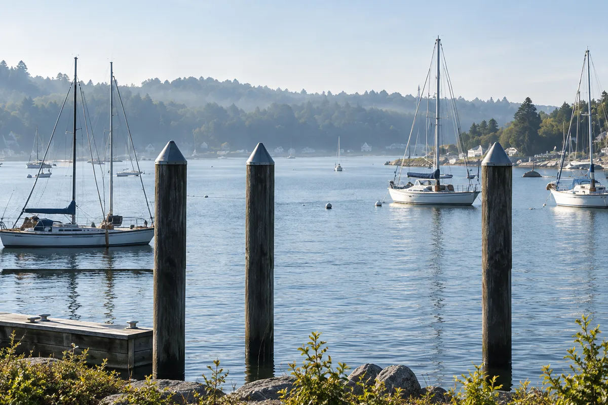 The harbour from the quay: dark timber mooring posts, still water and white sailboats under morning haze
