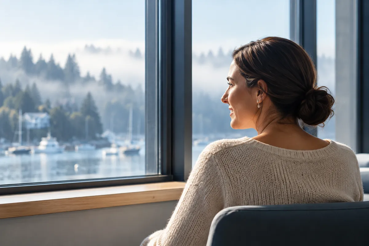 A woman in a cream jumper, seen from behind her shoulder, sitting by a tall window looking out at the harbour