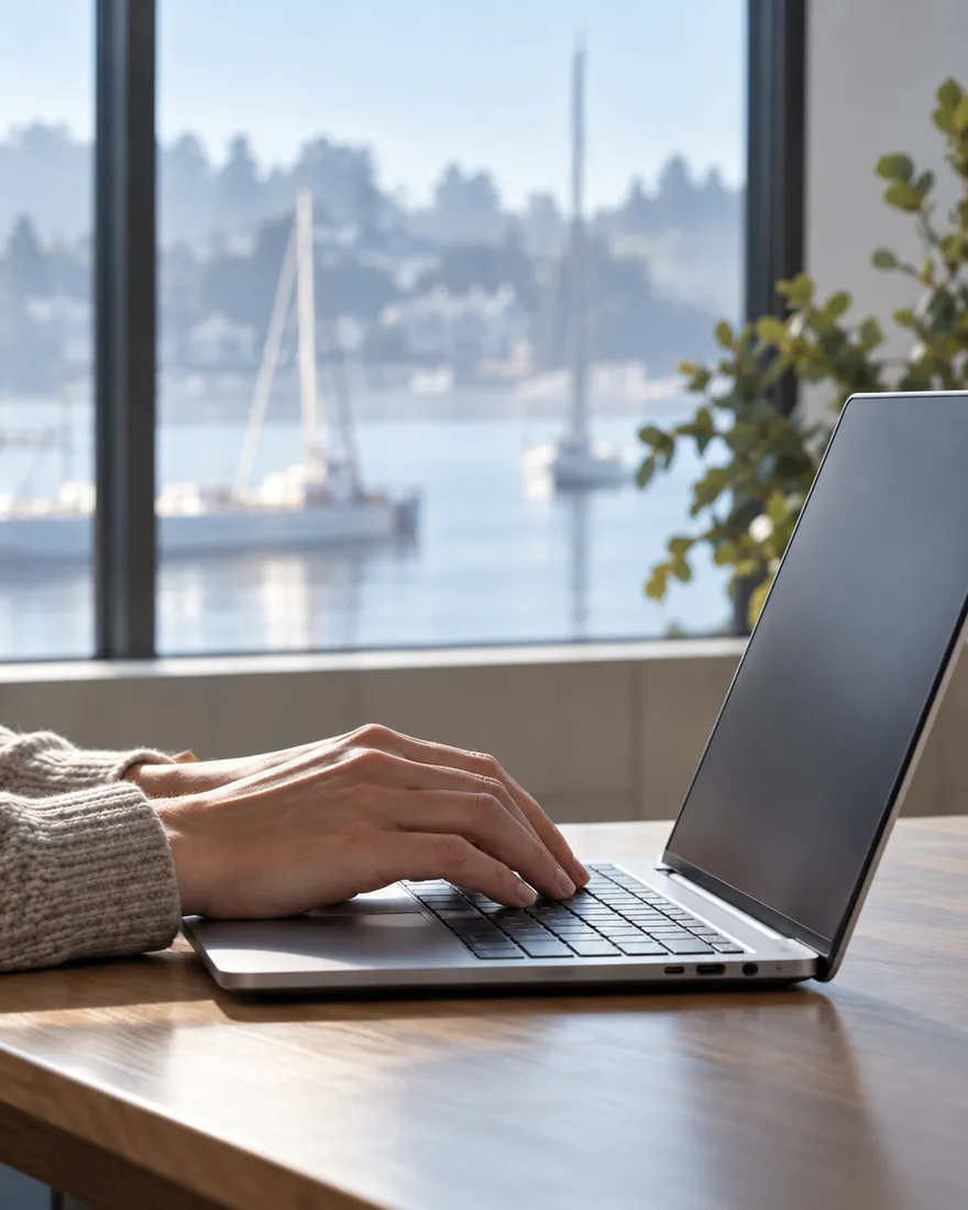Hands typing on a laptop at an oak table by a window onto the harbour
