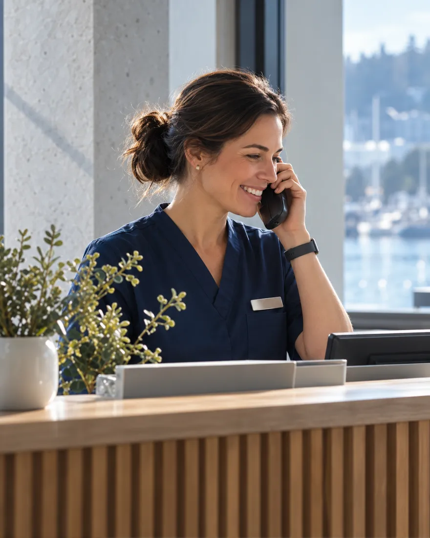 A receptionist in navy smiling on the phone at the oak reception desk, the harbour behind her