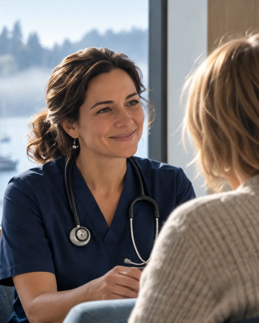 A smiling clinician in navy with a stethoscope listening to a visitor seen from behind, by a harbour window