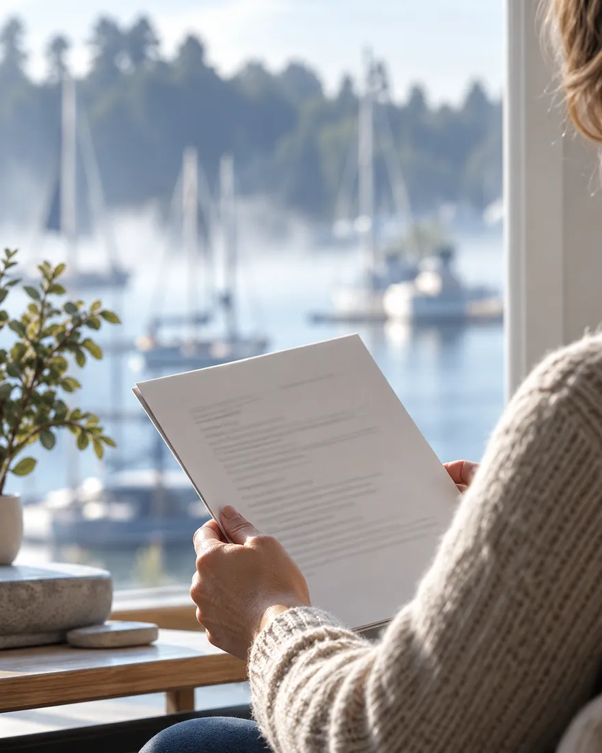 Over the shoulder of a visitor in a cream jumper reading a printed letter, sailboats blurred through the window