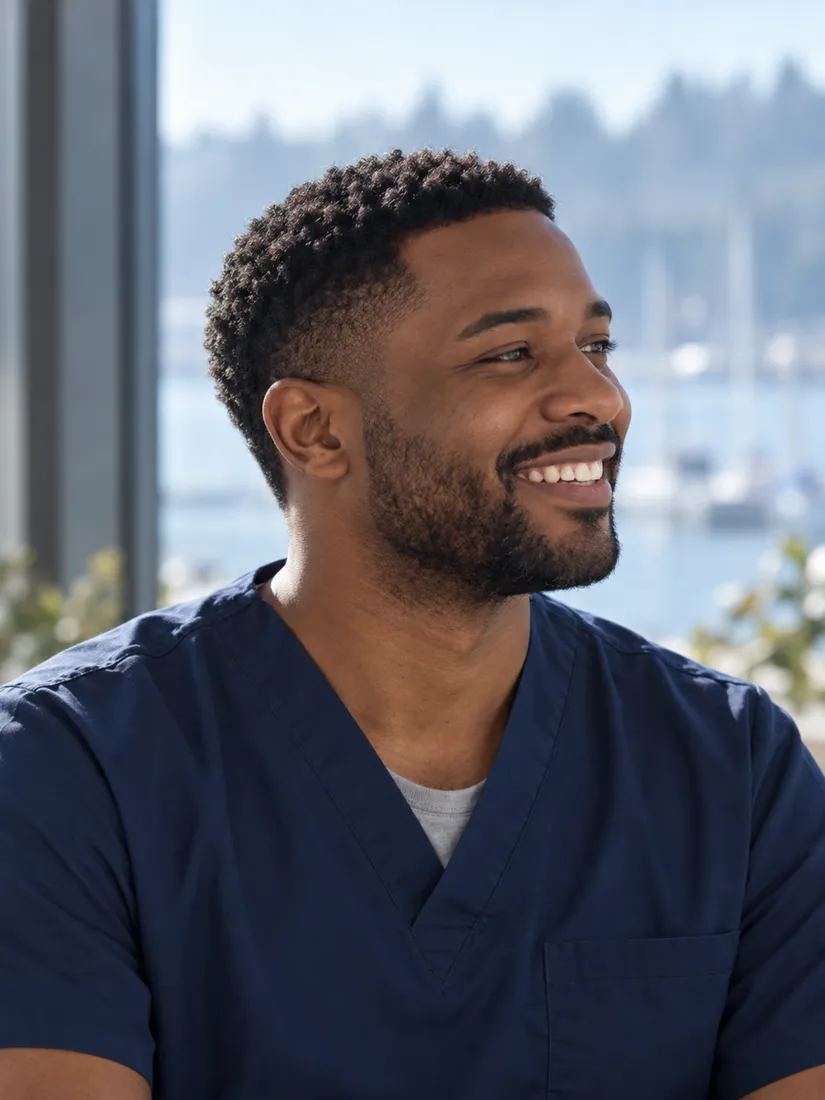 Portrait of nurse practitioner Daniel Okafor in navy scrubs, smiling broadly