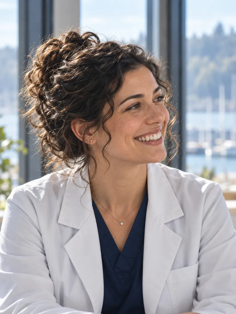 Portrait of Dr. Lucia Moreno in a white coat, laughing softly, the harbour behind her