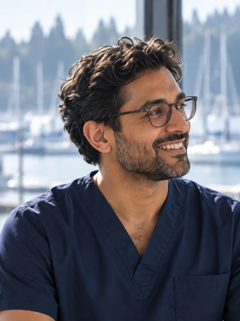 Portrait of Dr. Omar Siddiqui in navy scrubs and round glasses, smiling, the harbour behind him